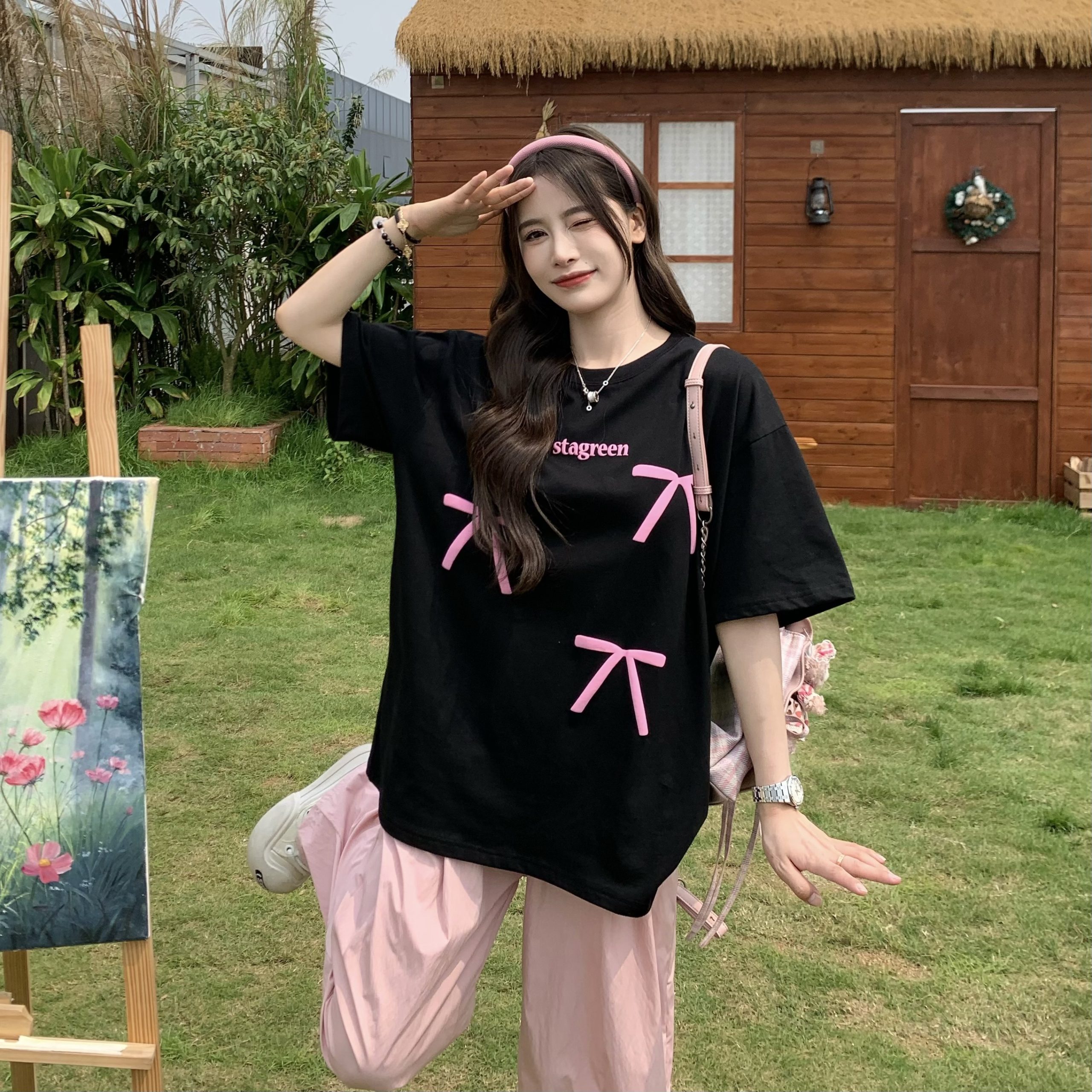 Bow Round Neck Short Sleeve T-shirt for Women - Summer Loose Versatile Sweet Top - 90s Style Sisters Design Bow Round Neck Short Sleeve T-shirt for Women - Summer Loose Versatile Sweet Top - 90s Style Sisters Design