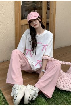 Bow Round Neck Short Sleeve T-shirt for Women - Summer Loose Versatile Sweet Top - 90s Style Sisters Design