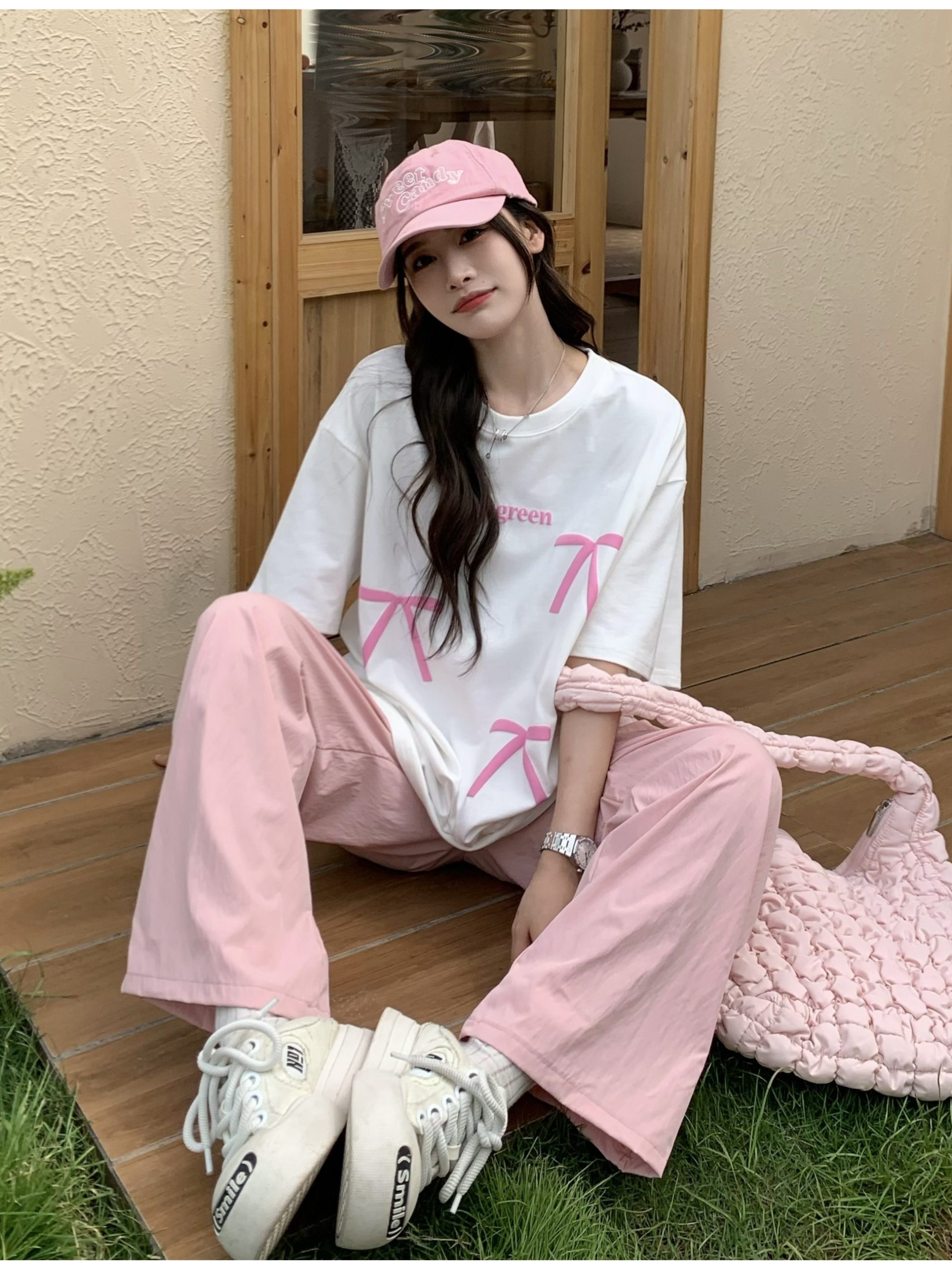 Bow Round Neck Short Sleeve T-shirt for Women - Summer Loose Versatile Sweet Top - 90s Style Sisters Design Bow Round Neck Short Sleeve T-shirt for Women - Summer Loose Versatile Sweet Top - 90s Style Sisters Design