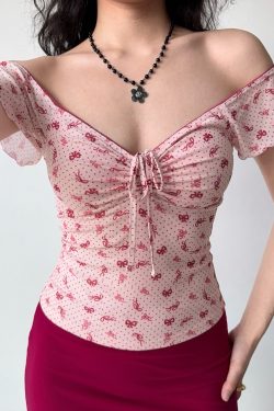 Bowknot Printed V-Neck Short Sleeve Mesh T-Shirt for Women - Slim Fit European American Style Summer Top