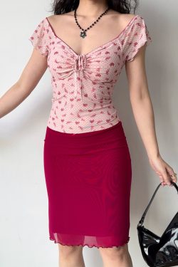 Bowknot Printed V-Neck Short Sleeve Mesh T-Shirt for Women - Slim Fit European American Style Summer Top