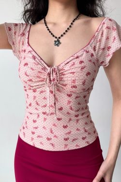 Bowknot Printed V-Neck Short Sleeve Mesh T-Shirt for Women - Slim Fit European American Style Summer Top