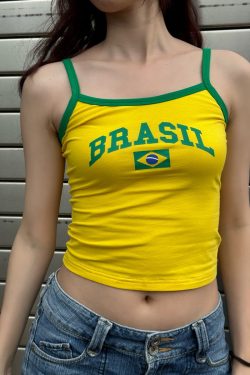 Brazilian BRASIL Letter Print Slim Fit Cropped Cami Top for Women - Spring/Summer 2025 Y2K Style