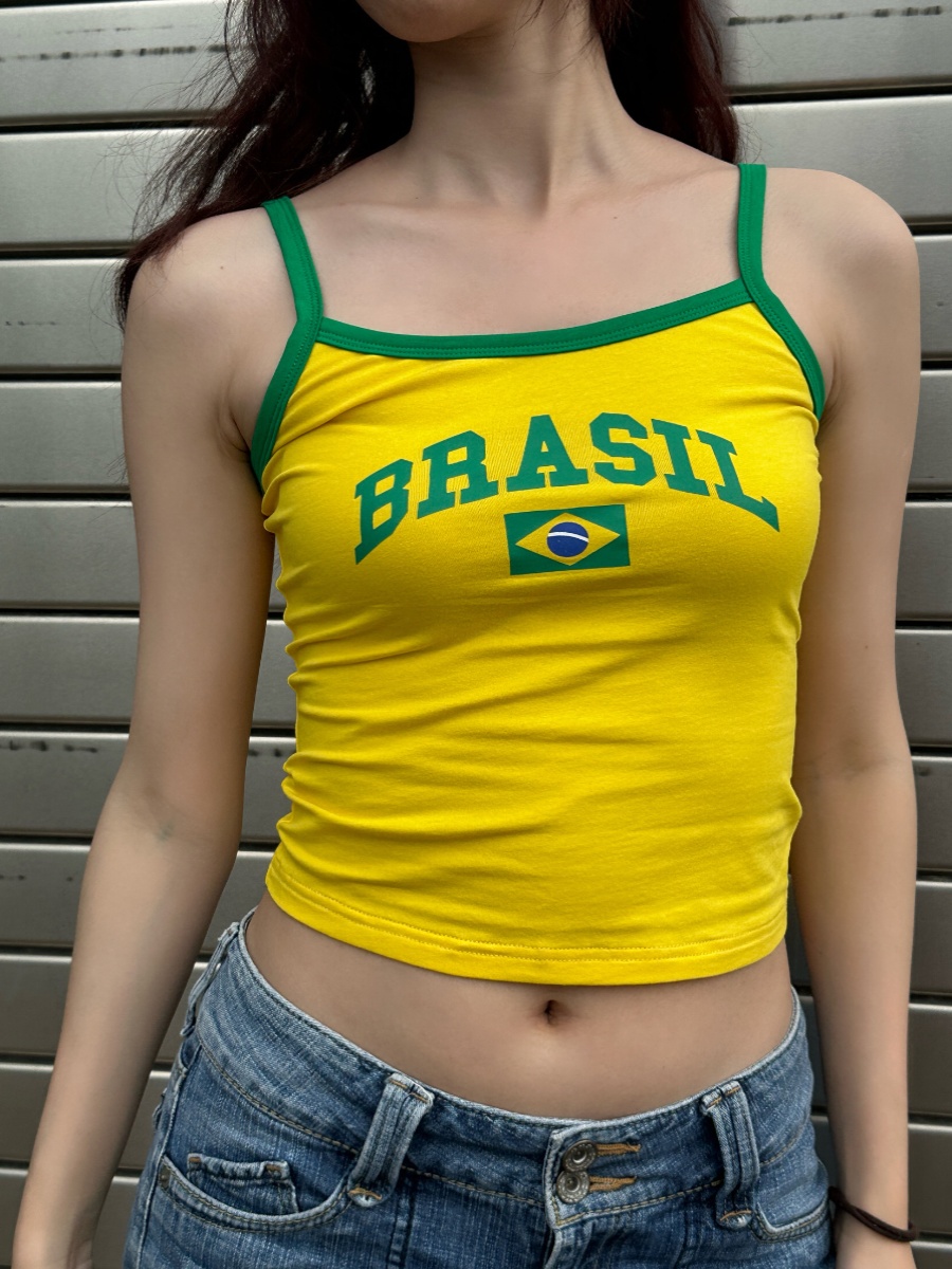 Brazilian BRASIL Letter Print Slim Fit Cropped Cami Top for Women - Spring/Summer 2025 Y2K Style Brazilian BRASIL Letter Print Slim Fit Cropped Cami Top for Women - Spring/Summer 2025 Y2K Style