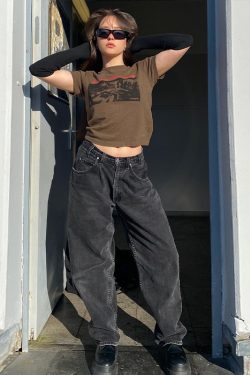 Brown Short-Sleeve Crop Top for Women - American Retro Y2K Summer Style, Euro-American ABG Hot Girl Fashion