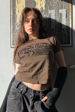 Brown Short-Sleeve Crop Top for Women - American Retro Y2K Summer Style, Euro-American ABG Hot Girl Fashion