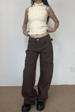 Brown Straight-Leg Floor-Length Jeans for Women - Slim Fit American High Street Style, Trendy 90s-Inspired Fashion Pants