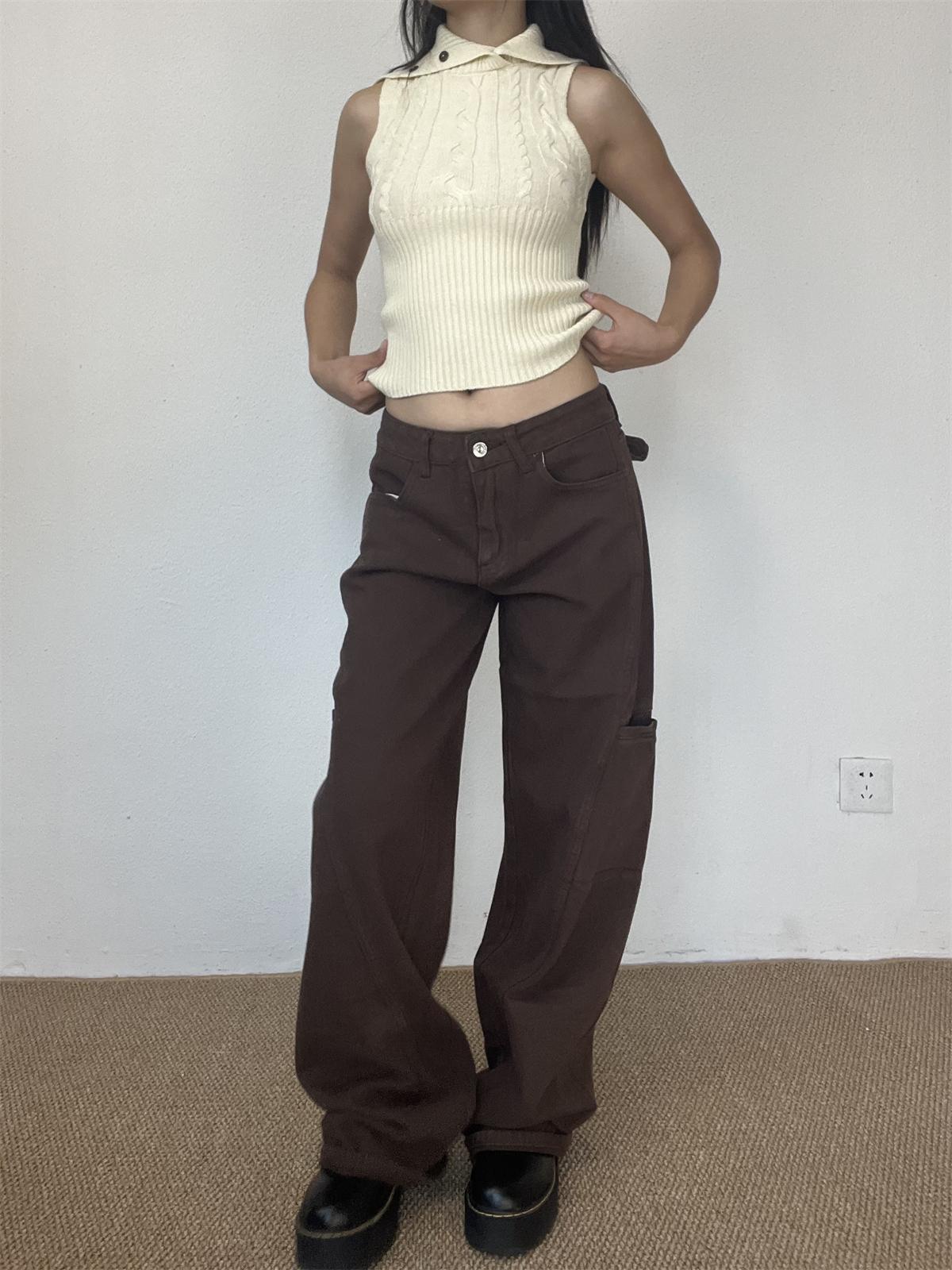 Brown Straight-Leg Floor-Length Jeans for Women - Slim Fit American High Street Style, Trendy 90s-Inspired Fashion Pants Brown Straight-Leg Floor-Length Jeans for Women - Slim Fit American High Street Style, Trendy 90s-Inspired Fashion Pants