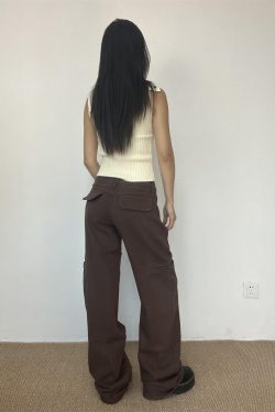 Brown Straight-Leg Floor-Length Jeans for Women - Slim Fit American High Street Style, Trendy 90s-Inspired Fashion Pants