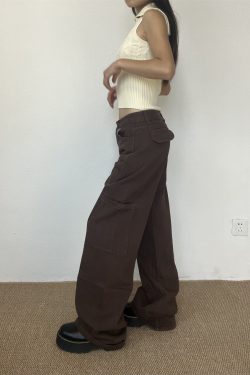 Brown Straight-Leg Floor-Length Jeans for Women - Slim Fit American High Street Style, Trendy 90s-Inspired Fashion Pants