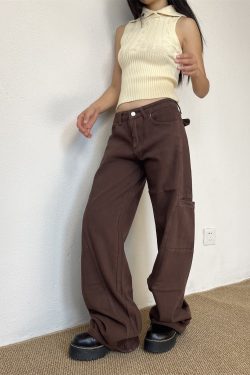 Brown Straight-Leg Floor-Length Jeans for Women - Slim Fit American High Street Style, Trendy 90s-Inspired Fashion Pants