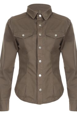 Brown Vintage Lapel Single-Breasted Long Sleeve Shirt for Women, Slim Fit, Versatile Y2K Style Top for Layering and Outerwear