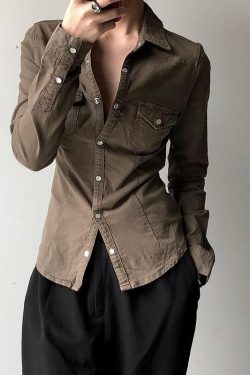 Brown Vintage Lapel Single-Breasted Long Sleeve Shirt for Women, Slim Fit, Versatile Y2K Style Top for Layering and Outerwear