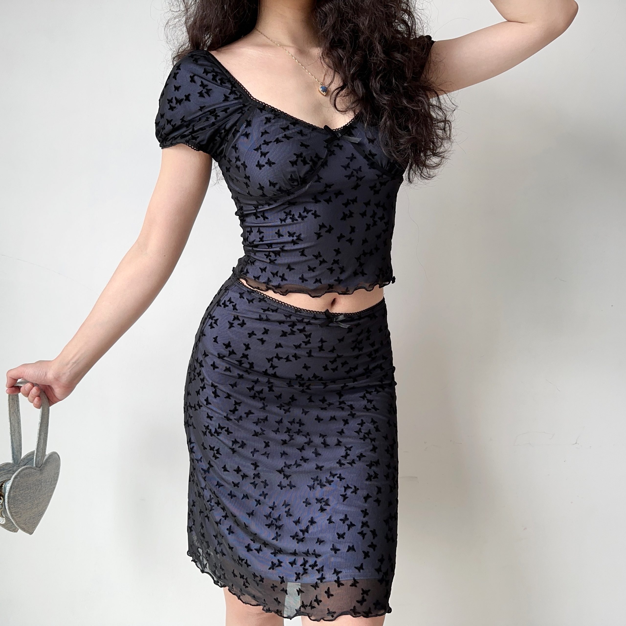 Butterfly Mesh Short Sleeve Top & Bodycon Skirt Two-Piece Set - DIY European & American Style Women’s Fashion Butterfly Mesh Short Sleeve Top & Bodycon Skirt Two-Piece Set - DIY European & American Style Women’s Fashion
