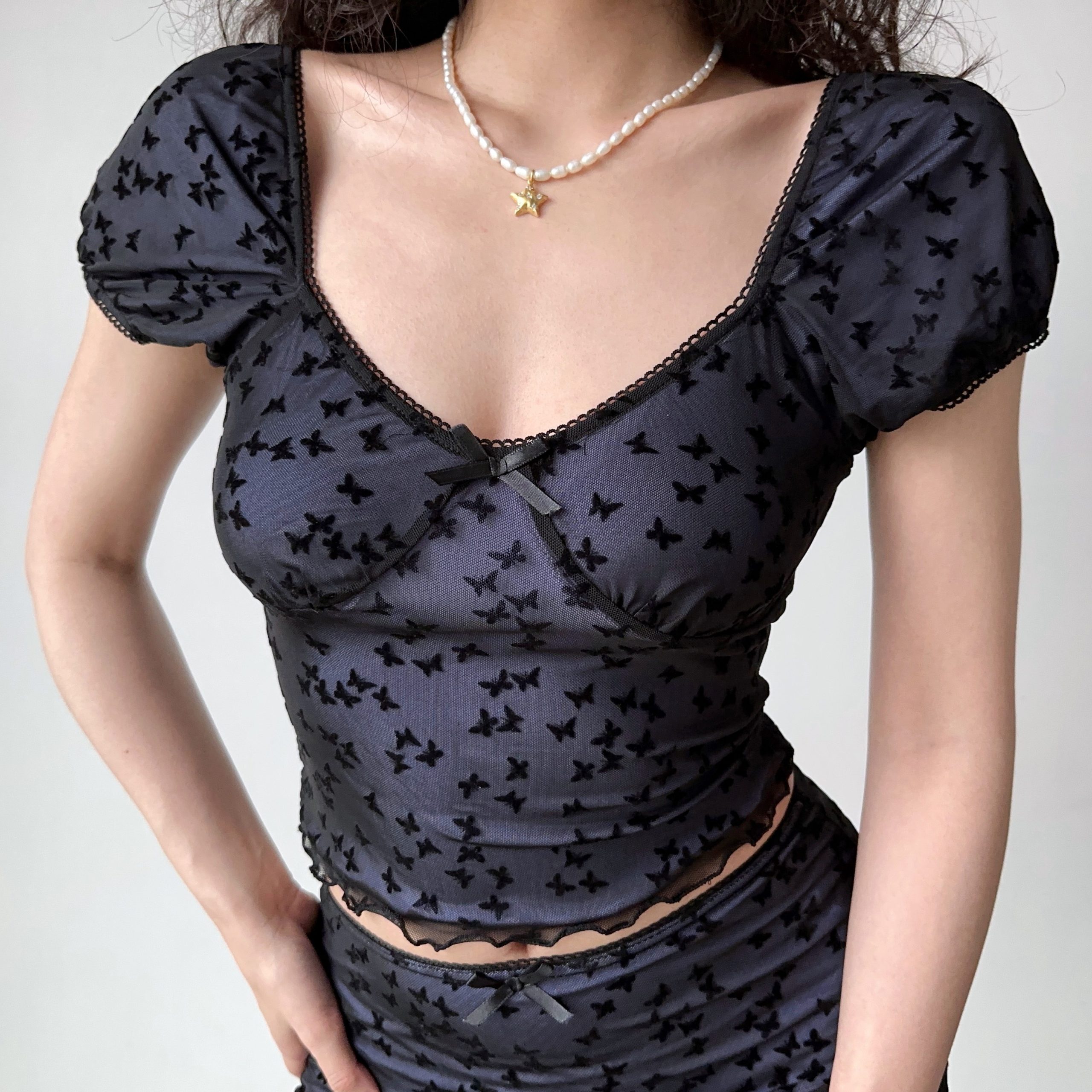 Butterfly Mesh Short Sleeve Top & Bodycon Skirt Two-Piece Set - DIY European & American Style Women’s Fashion Butterfly Mesh Short Sleeve Top & Bodycon Skirt Two-Piece Set - DIY European & American Style Women’s Fashion