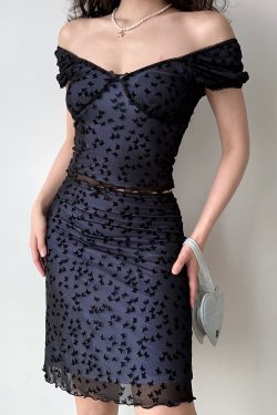 Butterfly Mesh Short-Sleeve Top & Bodycon Skirt Two-Piece Set - European & American Style Women's Fashion