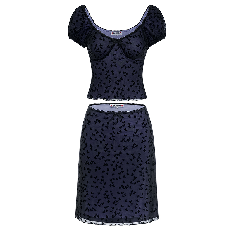 Butterfly Mesh Short-Sleeve Top & Bodycon Skirt Two-Piece Set - European & American Style Women's Fashion Butterfly Mesh Short-Sleeve Top & Bodycon Skirt Two-Piece Set - European & American Style Women's Fashion