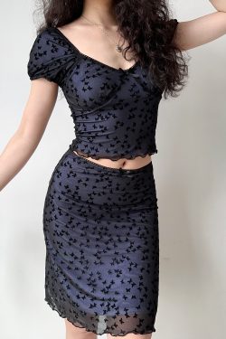 Butterfly Mesh Short-Sleeve Top & Bodycon Skirt Two-Piece Set - European & American Style Women's Fashion