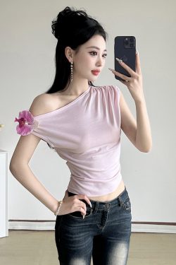 Butterfly Orchid 3D Flower Asymmetrical Off-Shoulder Top Women's Summer Waist-Defining T-Shirt - Y2K Floral Fashion