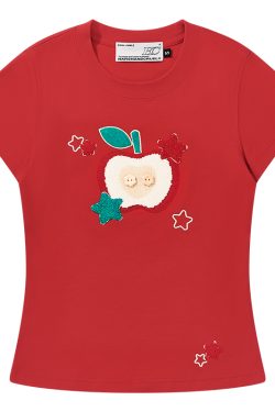 Cartoon Embroidered Plush Apple Stretchy Slim-Fit Round Neck Short Sleeve T-Shirt for Women - Y2K Style