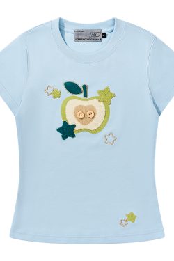 Cartoon Embroidered Plush Apple Stretchy Slim-Fit Round Neck Short Sleeve T-Shirt for Women - Y2K Style