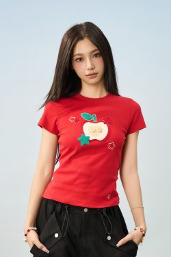 Cartoon Embroidered Plush Apple Stretchy Slim-Fit Round Neck Short Sleeve T-Shirt for Women - Y2K Style