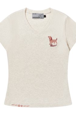 Cartoon Embroidered Small Dog Elastic Slim-Fit V-Neck Shoulder-Showing Short Sleeve T-Shirt for Women - Y2K Style