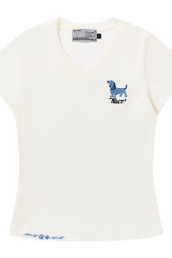 Cartoon Embroidered Small Dog Elastic Slim-Fit V-Neck Shoulder-Showing Short Sleeve T-Shirt for Women - Y2K Style