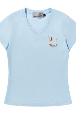 Cartoon Embroidered Small Dog Elastic Slim-Fit V-Neck Shoulder-Showing Short Sleeve T-Shirt for Women - Y2K Style