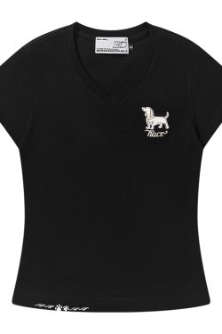 Cartoon Embroidered Small Dog Elastic Slim-Fit V-Neck Shoulder-Showing Short Sleeve T-Shirt for Women - Y2K Style