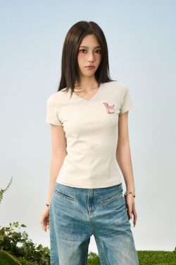 Cartoon Embroidered Small Dog Elastic Slim-Fit V-Neck Shoulder-Showing Short Sleeve T-Shirt for Women - Y2K Style