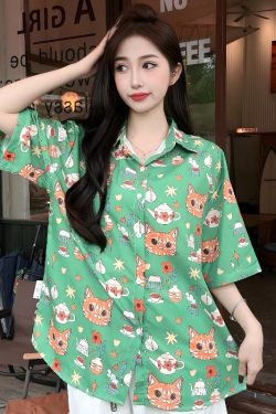 Cartoon Printed Short Sleeve Shirt for Girls - 2025 Summer Beach Top in Loose Hong Kong Style