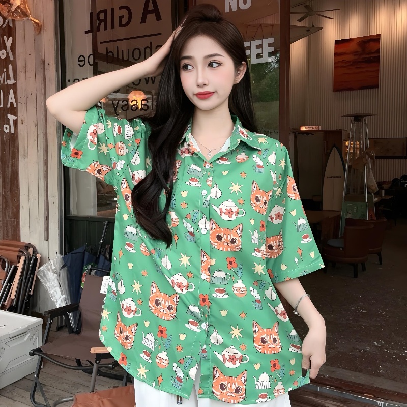 Cartoon Printed Short Sleeve Shirt for Girls - 2025 Summer Beach Top in Loose Hong Kong Style Cartoon Printed Short Sleeve Shirt for Girls - 2025 Summer Beach Top in Loose Hong Kong Style