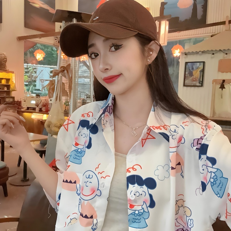Cartoon Printed Short Sleeve Shirt for Girls - 2025 Summer Beach Top in Loose Hong Kong Style Cartoon Printed Short Sleeve Shirt for Girls - 2025 Summer Beach Top in Loose Hong Kong Style