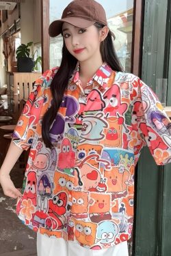 Cartoon Printed Short Sleeve Shirt for Girls - 2025 Summer Beach Top in Loose Hong Kong Style