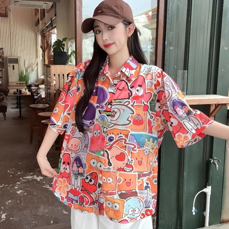 Cartoon Printed Short Sleeve Shirt for Girls - 2025 Summer Beach Top in Loose Hong Kong Style Cartoon Printed Short Sleeve Shirt for Girls - 2025 Summer Beach Top in Loose Hong Kong Style