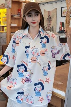 Cartoon Printed Short Sleeve Shirt for Girls - 2025 Summer Beach Top in Loose Hong Kong Style