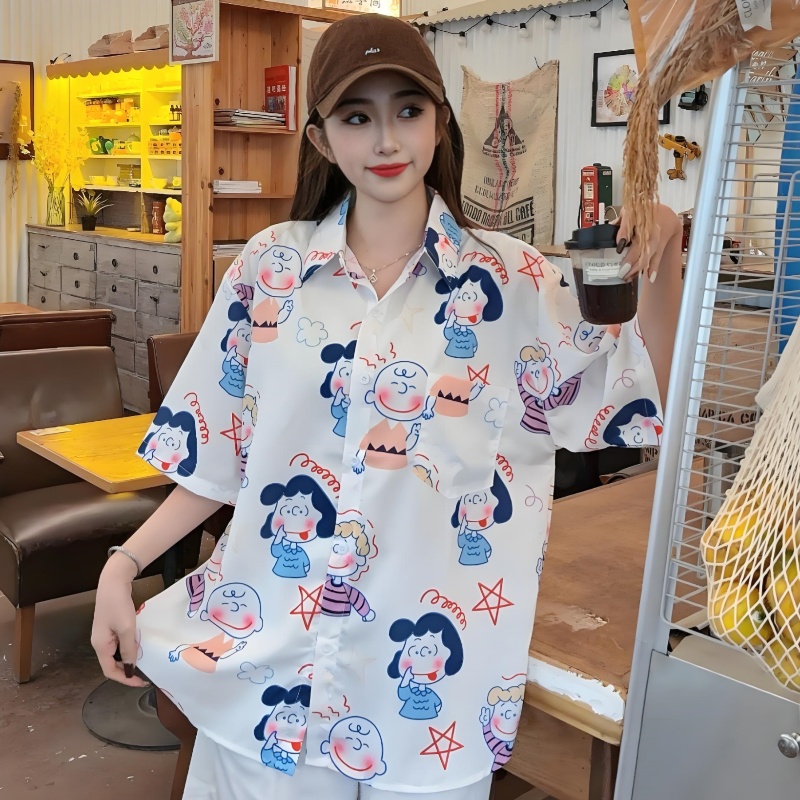 Cartoon Printed Short Sleeve Shirt for Girls - 2025 Summer Beach Top in Loose Hong Kong Style Cartoon Printed Short Sleeve Shirt for Girls - 2025 Summer Beach Top in Loose Hong Kong Style