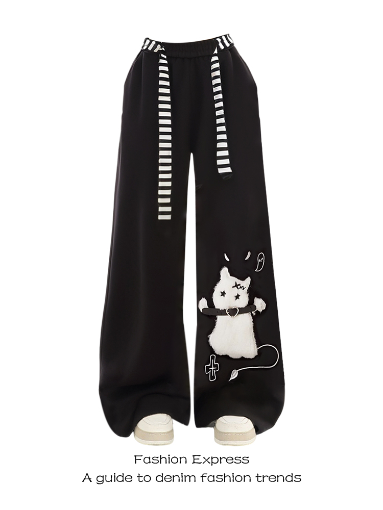 Casual Black Wide-Leg Sweatpants for Women - American Halloween Style, Autumn Winter Subculture Fashion, Cozy Sports Pants Casual Black Wide-Leg Sweatpants for Women - American Halloween Style, Autumn Winter Subculture Fashion, Cozy Sports Pants