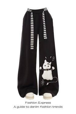 Casual Black Wide-Leg Sweatpants for Women - American Halloween Style, Autumn Winter Subculture Fashion, Cozy Sports Pants