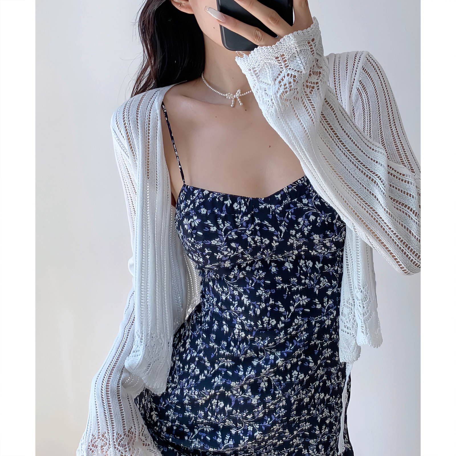 Casual Lace-Up Hollow V-Neck Bell Sleeve Knitted Cardigan for Women - French Style Sun Protection Layering Piece Casual Lace-Up Hollow V-Neck Bell Sleeve Knitted Cardigan for Women - French Style Sun Protection Layering Piece