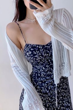 Casual Lace-Up Hollow V-Neck Bell Sleeve Knitted Cardigan for Women - French Style Sun Protection Layering Piece