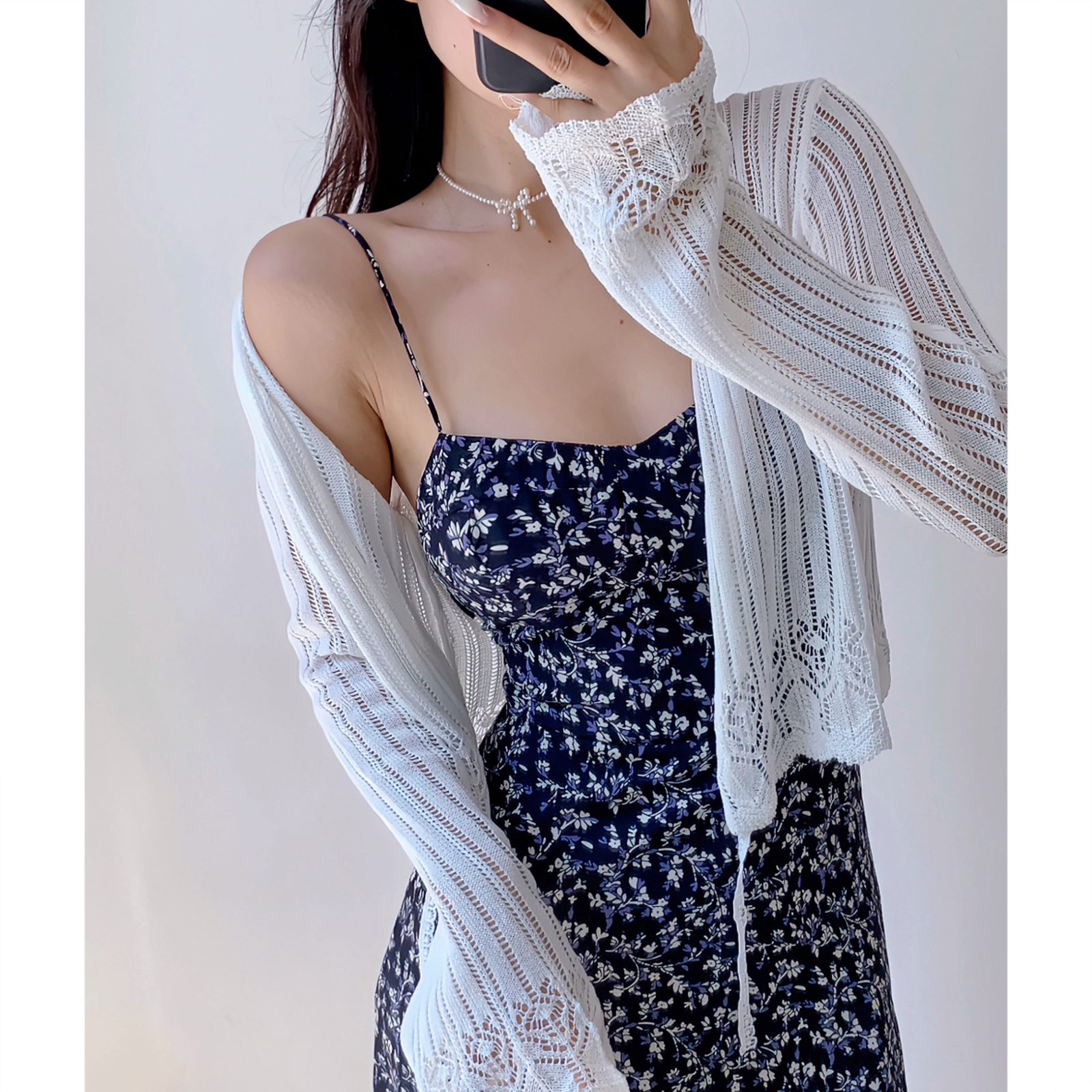 Casual Lace-Up Hollow V-Neck Bell Sleeve Knitted Cardigan for Women - French Style Sun Protection Layering Piece Casual Lace-Up Hollow V-Neck Bell Sleeve Knitted Cardigan for Women - French Style Sun Protection Layering Piece