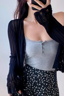 Casual Lace-Up Hollow V-Neck Bell Sleeve Knitted Cardigan for Women - French Style Sun Protection Layering Piece