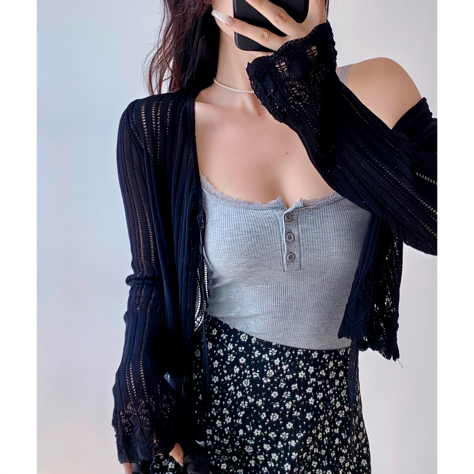 Casual Lace-Up Hollow V-Neck Bell Sleeve Knitted Cardigan for Women - French Style Sun Protection Layering Piece Casual Lace-Up Hollow V-Neck Bell Sleeve Knitted Cardigan for Women - French Style Sun Protection Layering Piece