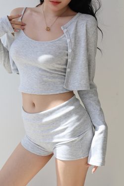 Casual Long Sleeve Vest Cardigan & High Waist Slimming Bodycon Shorts Set for Women - Trendy Fashion Outfit