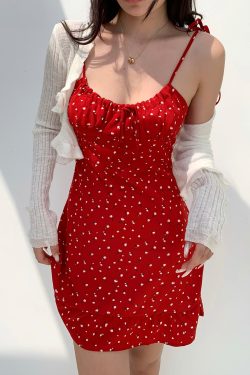 Casual Red Floral Mini Dress with Drawstring Tie Straps - French Country Style, Slim Fit, Perfect for 90s and Y2K Fashion Lovers
