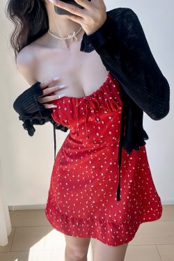 Casual Red Floral Mini Dress with Drawstring Tie Straps - French Country Style, Slim Fit, Perfect for 90s and Y2K Fashion Lovers