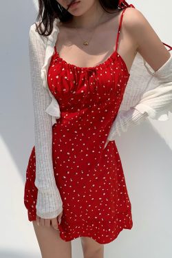 Casual Red Floral Mini Dress with Drawstring Tie Straps - French Country Style, Slim Fit, Perfect for 90s and Y2K Fashion Lovers