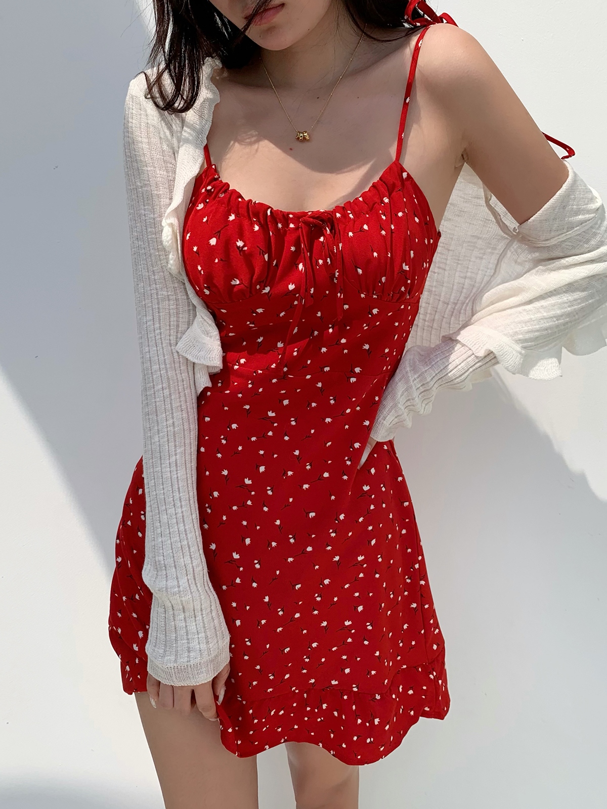Casual Red Floral Mini Dress with Drawstring Tie Straps - French Country Style, Slim Fit, Perfect for 90s and Y2K Fashion Lovers Casual Red Floral Mini Dress with Drawstring Tie Straps - French Country Style, Slim Fit, Perfect for 90s and Y2K Fashion Lovers
